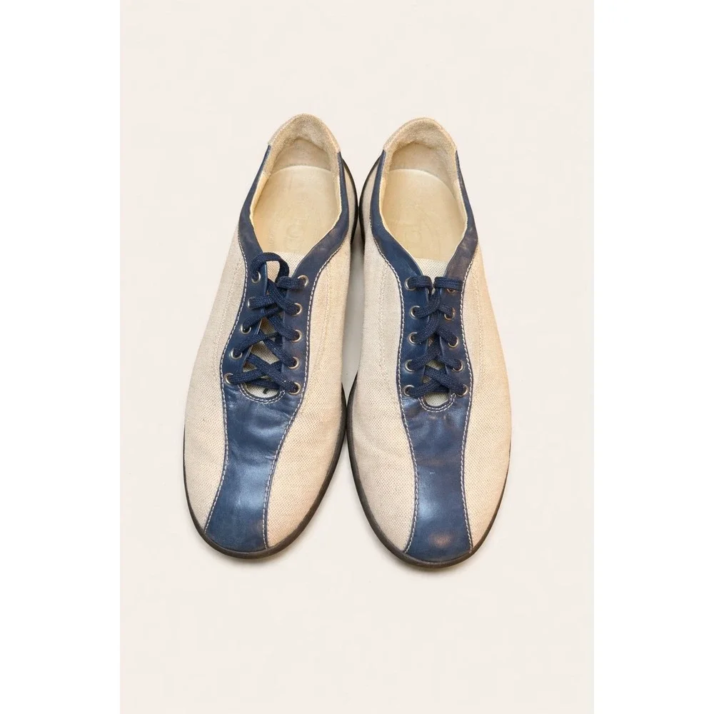 Tod's Navy Leather Linen Sneakers Women's 8.5 Driving Shoes Retro Bowling Italy
